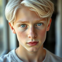 A handsome portrait of a 17-year-old German boy with very pale skin and strikingly pale blonde hair