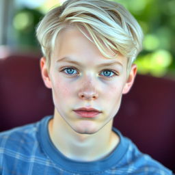 A handsome portrait of a 17-year-old German boy with very pale skin and strikingly pale blonde hair
