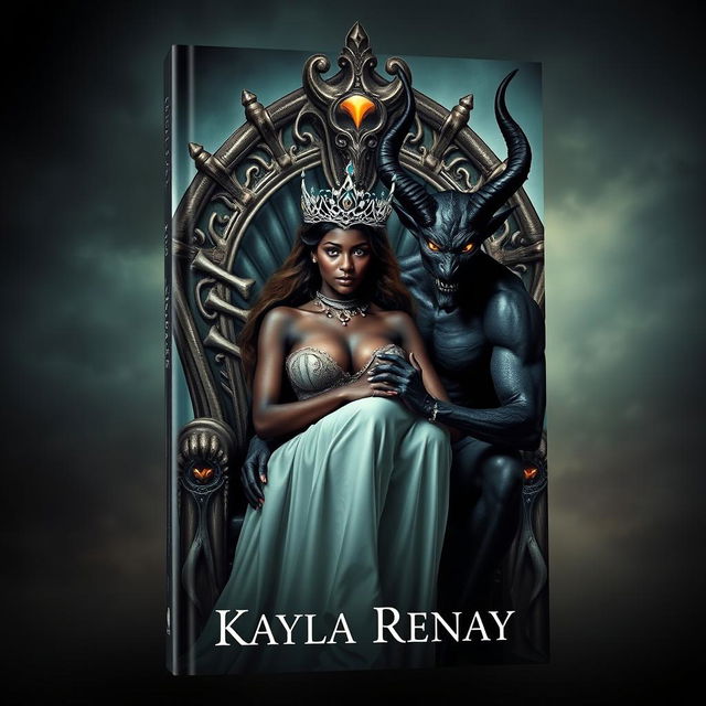 A captivating book cover showcasing a black-skinned fae woman adorned with a sparkling crown, her striking golden eyes glimmering as she sits gracefully on an imposing throne made of bones