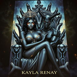 A captivating book cover showcasing a black-skinned fae woman adorned with a sparkling crown, her striking golden eyes glimmering as she sits gracefully on an imposing throne made of bones