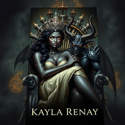 A captivating book cover showcasing a black-skinned fae woman adorned with a sparkling crown, her striking golden eyes glimmering as she sits gracefully on an imposing throne made of bones