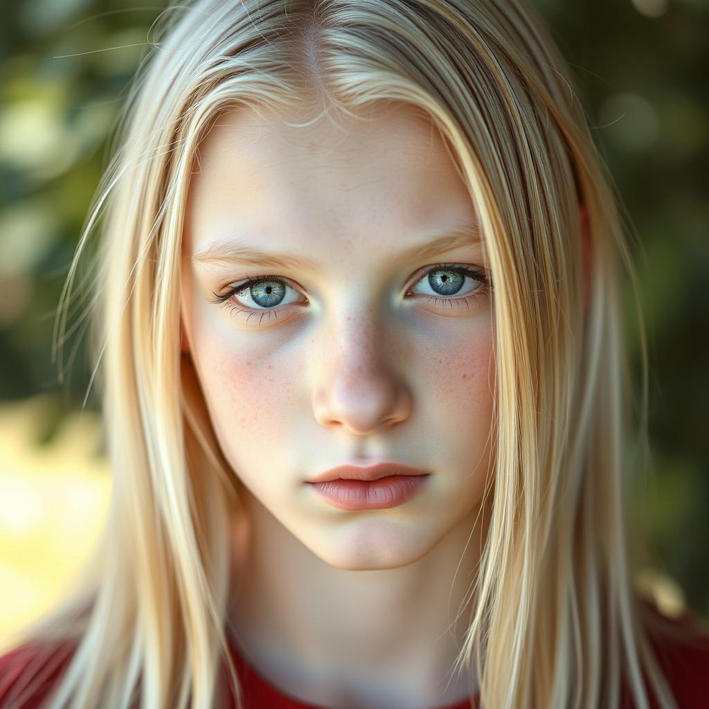 A striking portrait of a 17-year-old German boy with very pale skin and long, straight pale blonde hair cascading over his shoulders