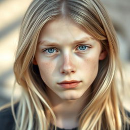 A striking portrait of a 17-year-old German boy with very pale skin and long, straight pale blonde hair cascading over his shoulders