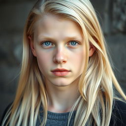 A striking portrait of a 17-year-old German boy with very pale skin and long, straight pale blonde hair cascading over his shoulders