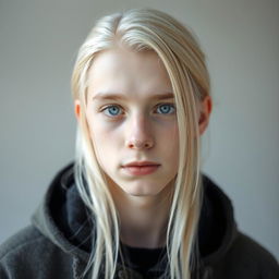 A captivating portrait of a 17-year-old German boy with very pale skin and long, straight pale blonde hair