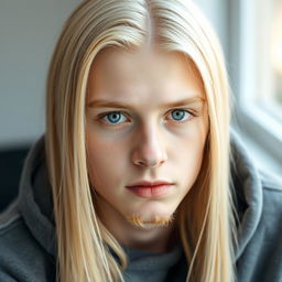 A captivating portrait of a 17-year-old German boy with very pale skin and long, straight pale blonde hair