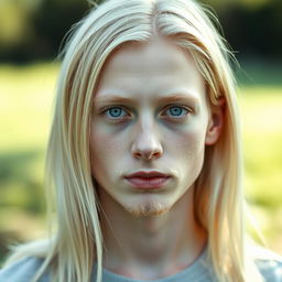 A captivating portrait of a 17-year-old German boy with very pale skin and long, straight pale blonde hair