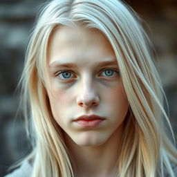 A captivating portrait of a 17-year-old German boy with very pale skin and long, straight pale blonde hair