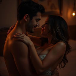 A sensual and intimate scene featuring a couple in a passionate moment, where the focus is on their deep connection and affection for each other