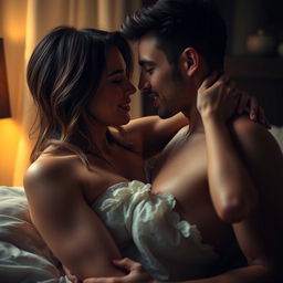 A sensual and intimate scene featuring a couple in a passionate moment, where the focus is on their deep connection and affection for each other