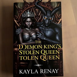 An alluring book cover showcasing a black-skinned fae woman, adorned with a sparkling crown and radiant gold eyes, sitting elegantly on a throne made of bones