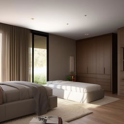 Realistic image of a spacious 120 square meter home with three bedrooms, designed with contemporary decor and furniture.