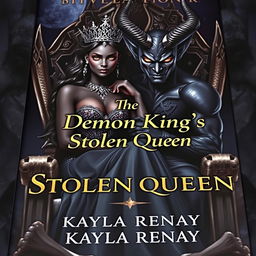 An alluring book cover showcasing a black-skinned fae woman, adorned with a sparkling crown and radiant gold eyes, sitting elegantly on a throne made of bones