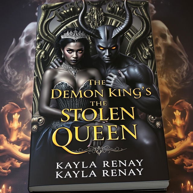 An alluring book cover showcasing a black-skinned fae woman, adorned with a sparkling crown and radiant gold eyes, sitting elegantly on a throne made of bones