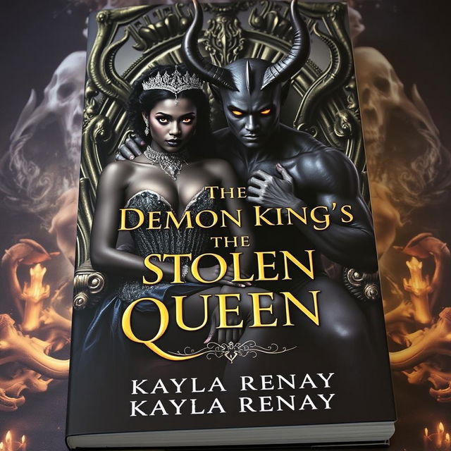 An alluring book cover showcasing a black-skinned fae woman, adorned with a sparkling crown and radiant gold eyes, sitting elegantly on a throne made of bones