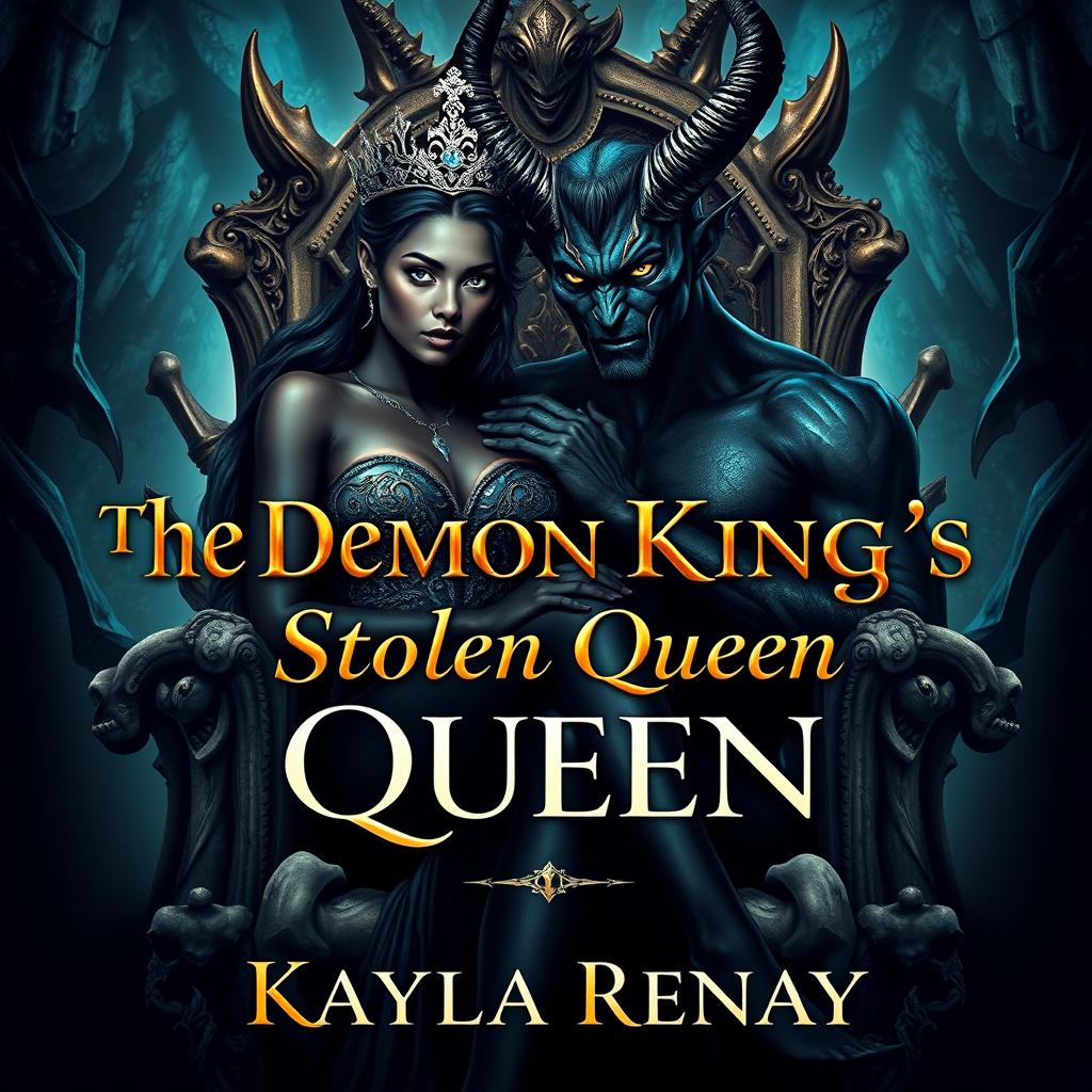 An alluring book cover showcasing a black-skinned fae woman, adorned with a sparkling crown and radiant gold eyes, sitting elegantly on a throne made of bones