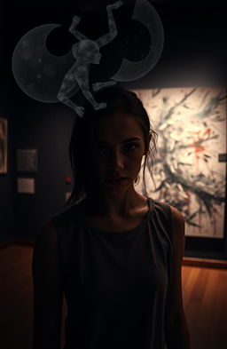 A dark, atmospheric art exhibition featuring a young woman with an intense expression, standing in front of a large canvas