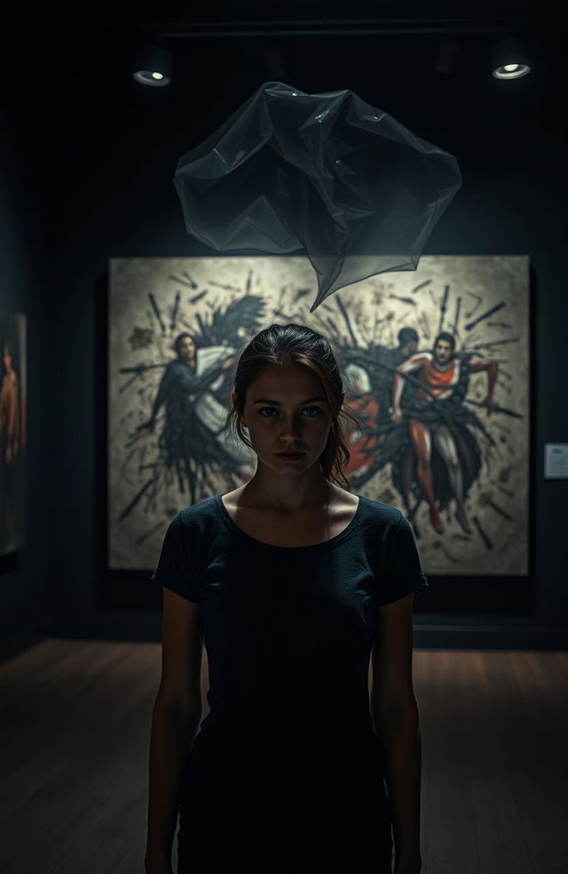 A dark, atmospheric art exhibition featuring a young woman with an intense expression, standing in front of a large canvas