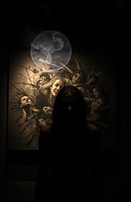 A dark, atmospheric art exhibition featuring a young woman with an intense expression, standing in front of a large canvas