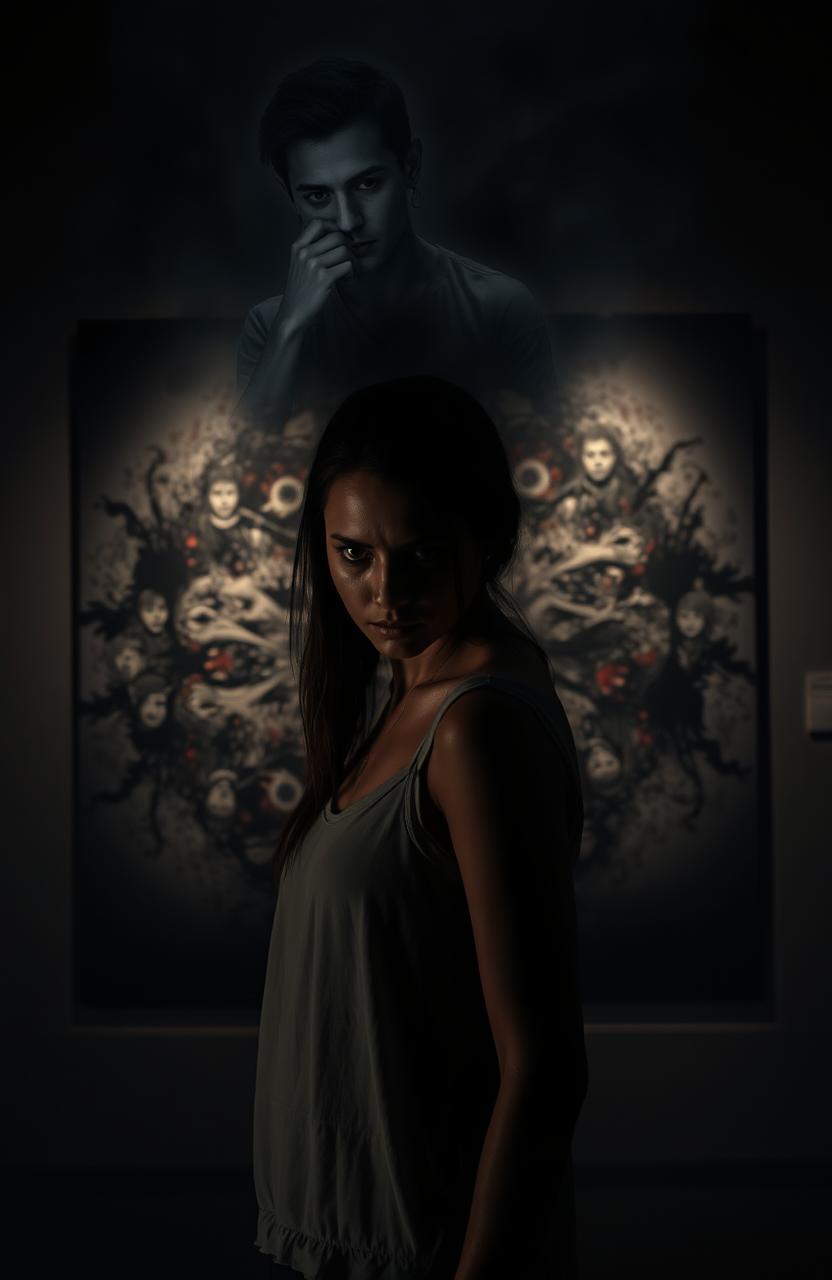 A dark, atmospheric art exhibition featuring a young woman with an intense expression, standing in front of a large canvas