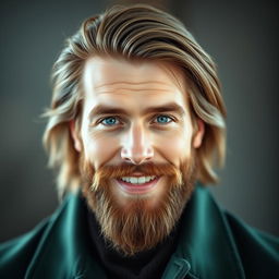 A portrait of the most handsome man ever, featuring long, flowing brown hair and a neat, short brown beard