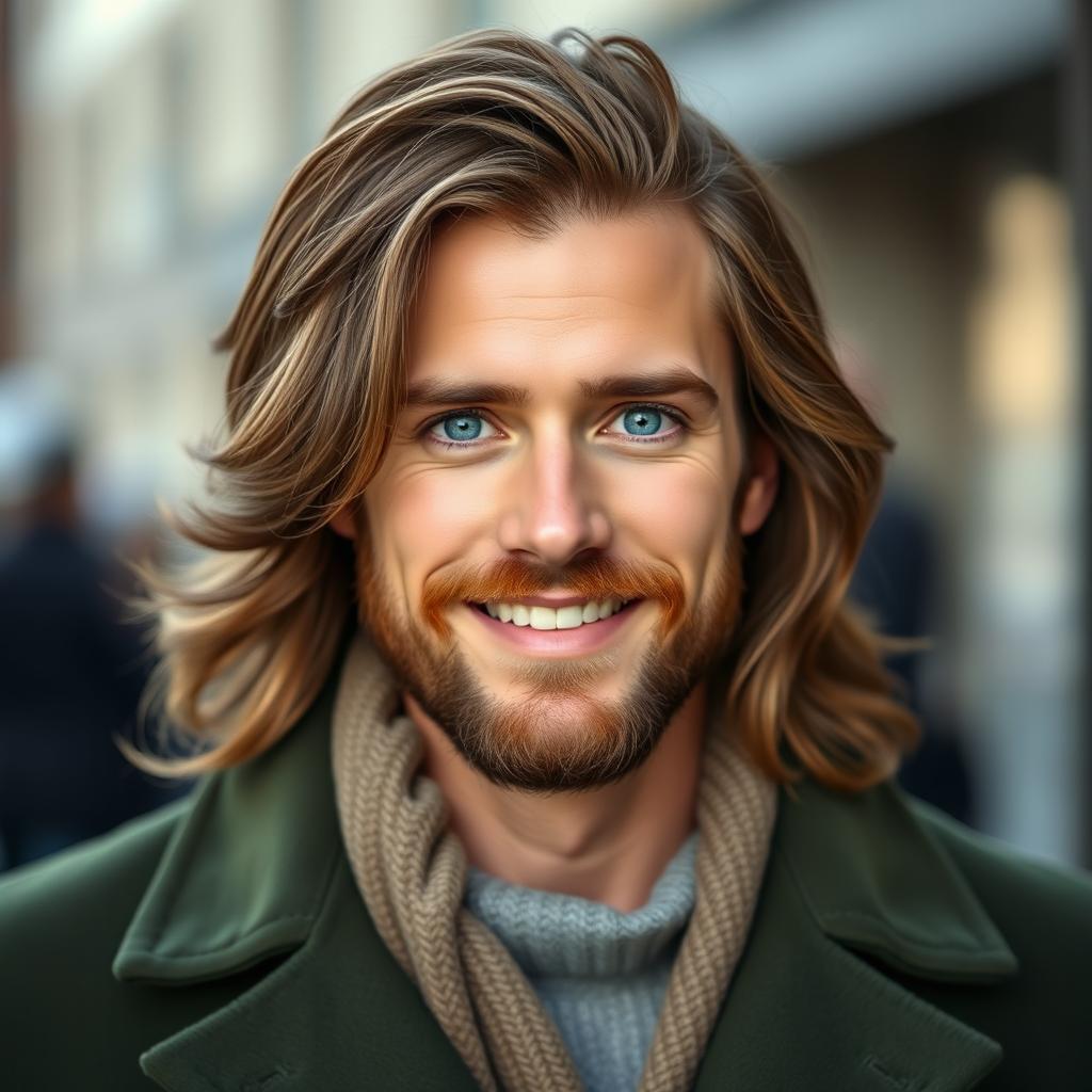 A portrait of the most handsome man ever, featuring long, flowing brown hair and a neat, short brown beard