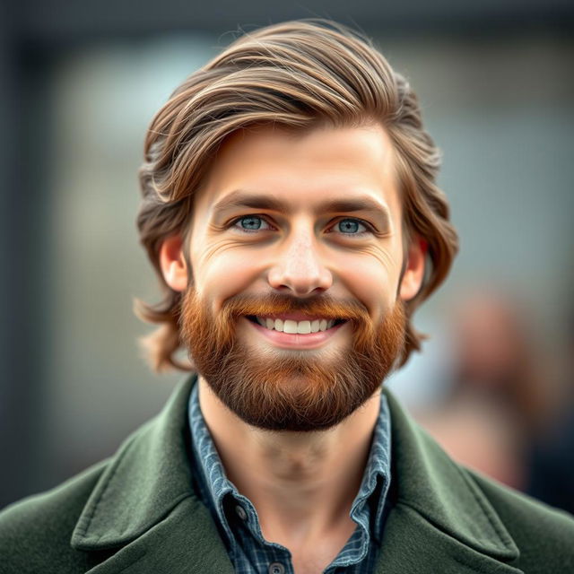 A portrait of the most handsome man ever, featuring long, flowing brown hair and a neat, short brown beard