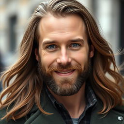 A portrait of the most handsome man ever, featuring long, flowing brown hair and a neat, short brown beard