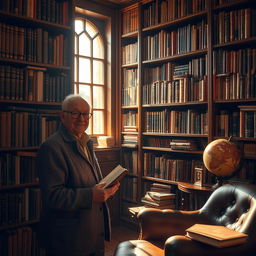 An elderly book collector carefully organizing the latest arrivals on the shelves of his cozy library