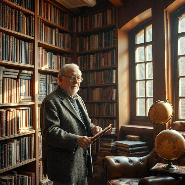 An elderly book collector carefully organizing the latest arrivals on the shelves of his cozy library