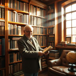 An elderly book collector carefully organizing the latest arrivals on the shelves of his cozy library