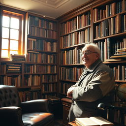 An elderly book collector carefully organizing the latest arrivals on the shelves of his cozy library