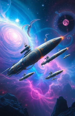 An imaginative and grand scene showcasing a Karmic Armada in a fantastical universe