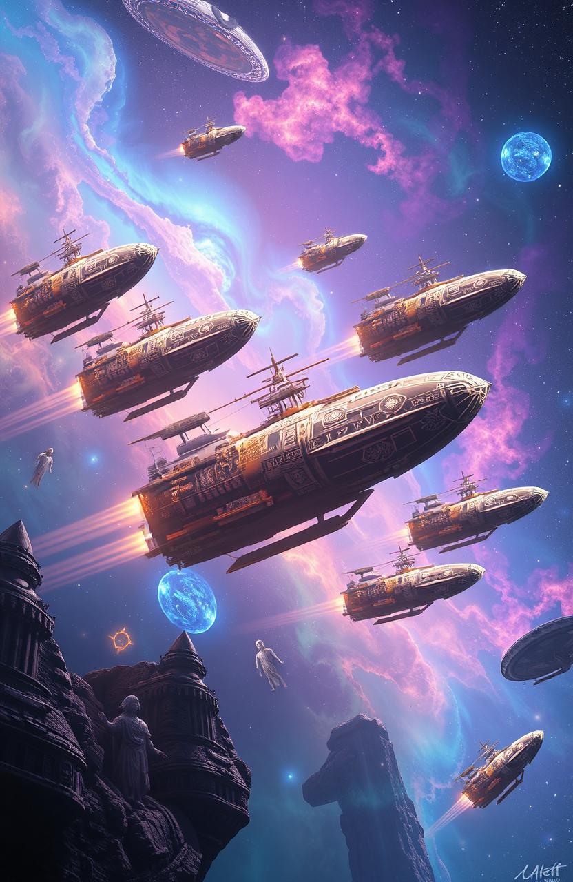 An imaginative and grand scene showcasing a Karmic Armada in a fantastical universe