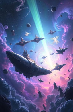 An imaginative and grand scene showcasing a Karmic Armada in a fantastical universe