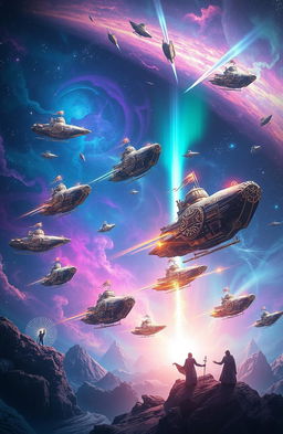 An imaginative and grand scene showcasing a Karmic Armada in a fantastical universe
