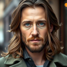 A portrait of the most handsome British man, resembling Tom Hiddleston, with captivating blue eyes and long, wavy brown hair