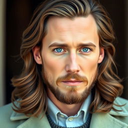 A portrait of the most handsome British man, resembling Tom Hiddleston, with captivating blue eyes and long, wavy brown hair