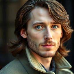 A portrait of the most handsome British man, resembling Tom Hiddleston, with captivating blue eyes and long, wavy brown hair