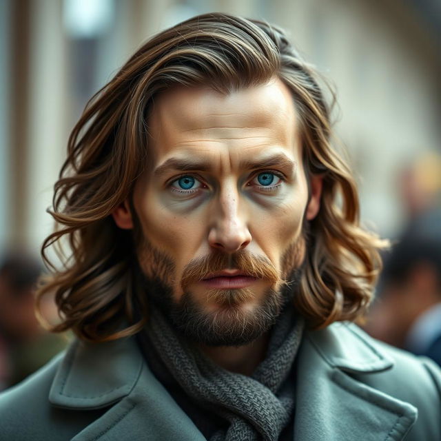 A portrait of the most handsome British man, resembling Tom Hiddleston, with captivating blue eyes and long, wavy brown hair