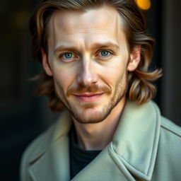 A portrait of the most handsome British man, resembling Tom Hiddleston, characterized by striking blue eyes and long, wavy brown hair