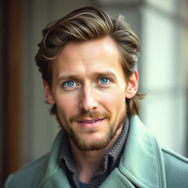 A portrait of the most handsome British man, resembling Tom Hiddleston, characterized by striking blue eyes and long, wavy brown hair