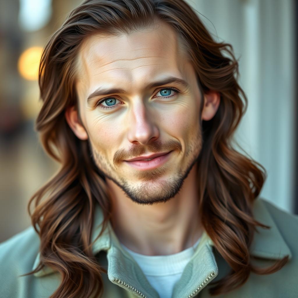 A portrait of the most handsome British man, resembling Tom Hiddleston, characterized by striking blue eyes and long, wavy brown hair