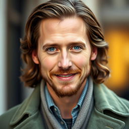 A portrait of the most handsome British man, resembling Tom Hiddleston, characterized by striking blue eyes and long, wavy brown hair