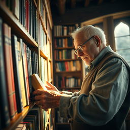 An elderly book collector meticulously arranging the latest arrivals on his bookshelf in a cozy library