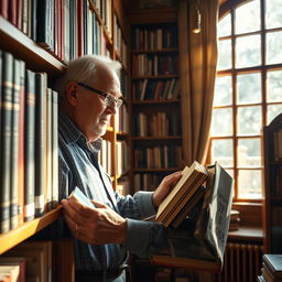 An elderly book collector meticulously arranging the latest arrivals on his bookshelf in a cozy library