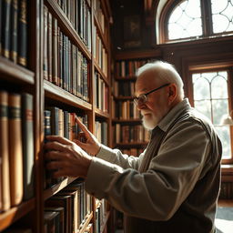 An elderly book collector meticulously arranging the latest arrivals on his bookshelf in a cozy library