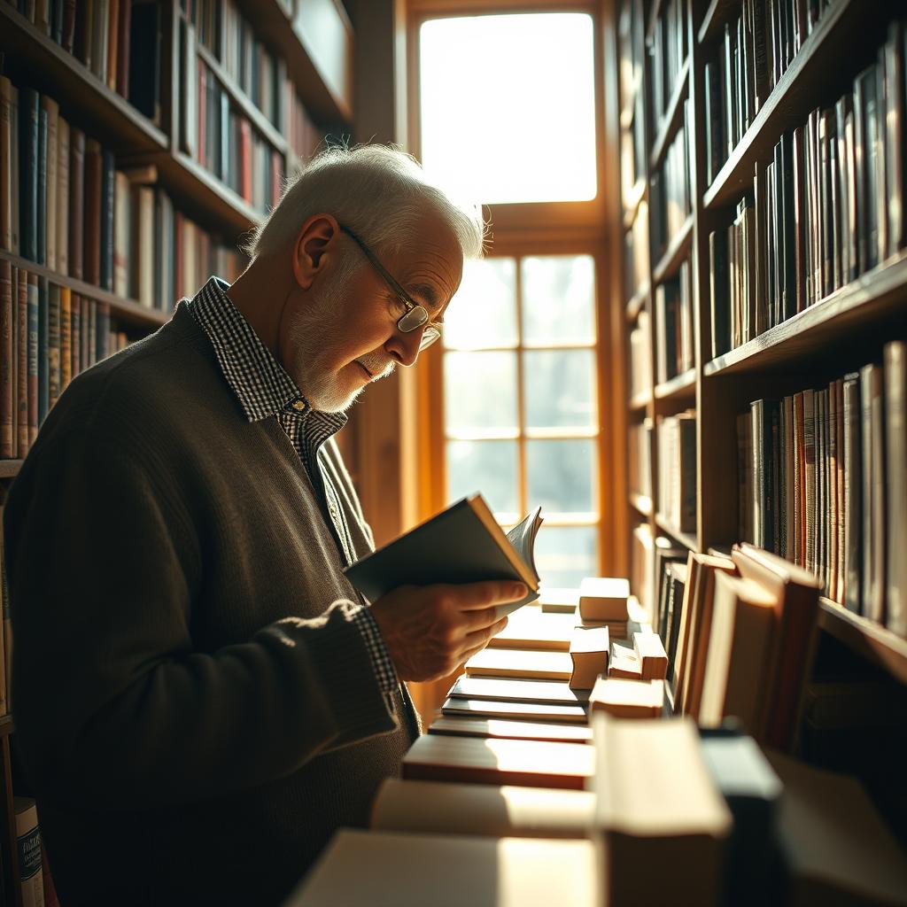 An elderly book collector meticulously arranging the latest arrivals on his bookshelf in a cozy library