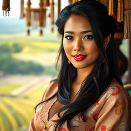 A beautiful Javanese woman with striking features and large breasts