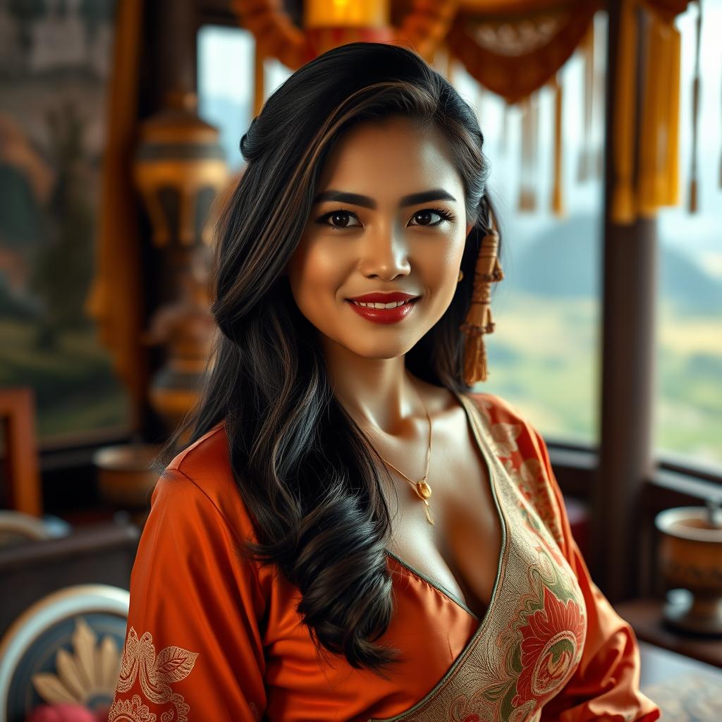 A beautiful Javanese woman with striking features and large breasts